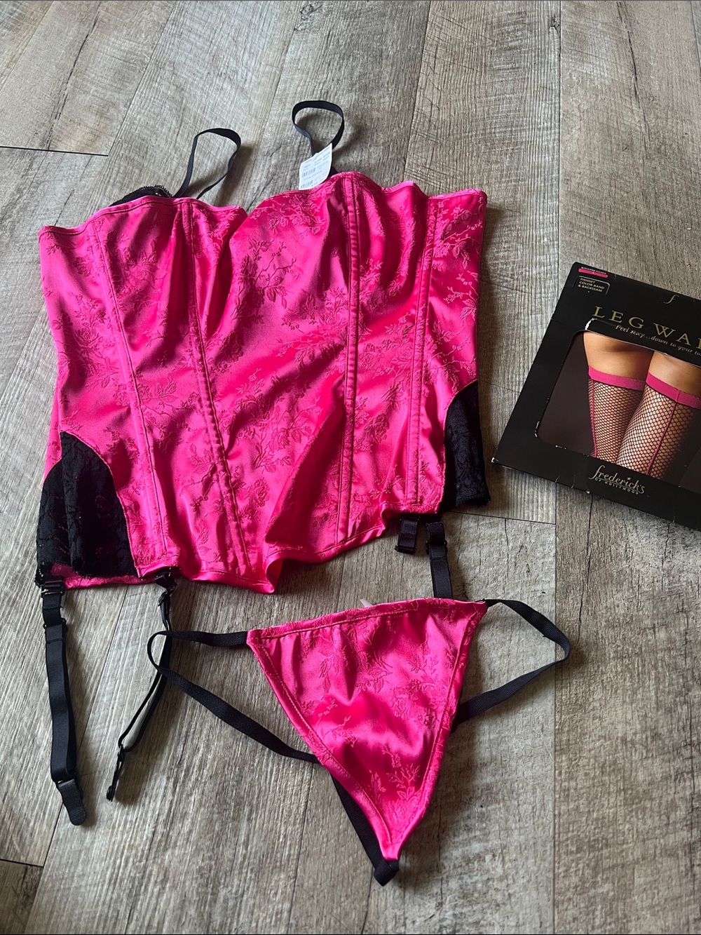 Frederick's of Hollywood Hot Pink Satin Floral Bustier Set with Black Trim